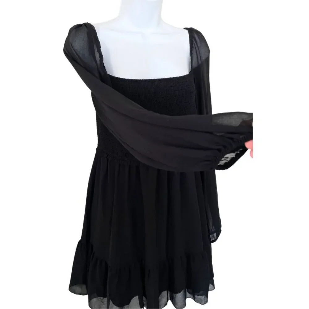 Aritzia Wilfred Tempest Black Mini Dress Sz M Babydoll Bohemian